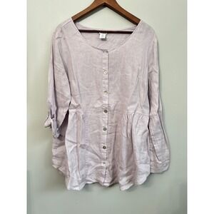 Sigrid Olsen 100% Linen Womens M Lavender Blouse Tunic Button Down Lagenlook‎